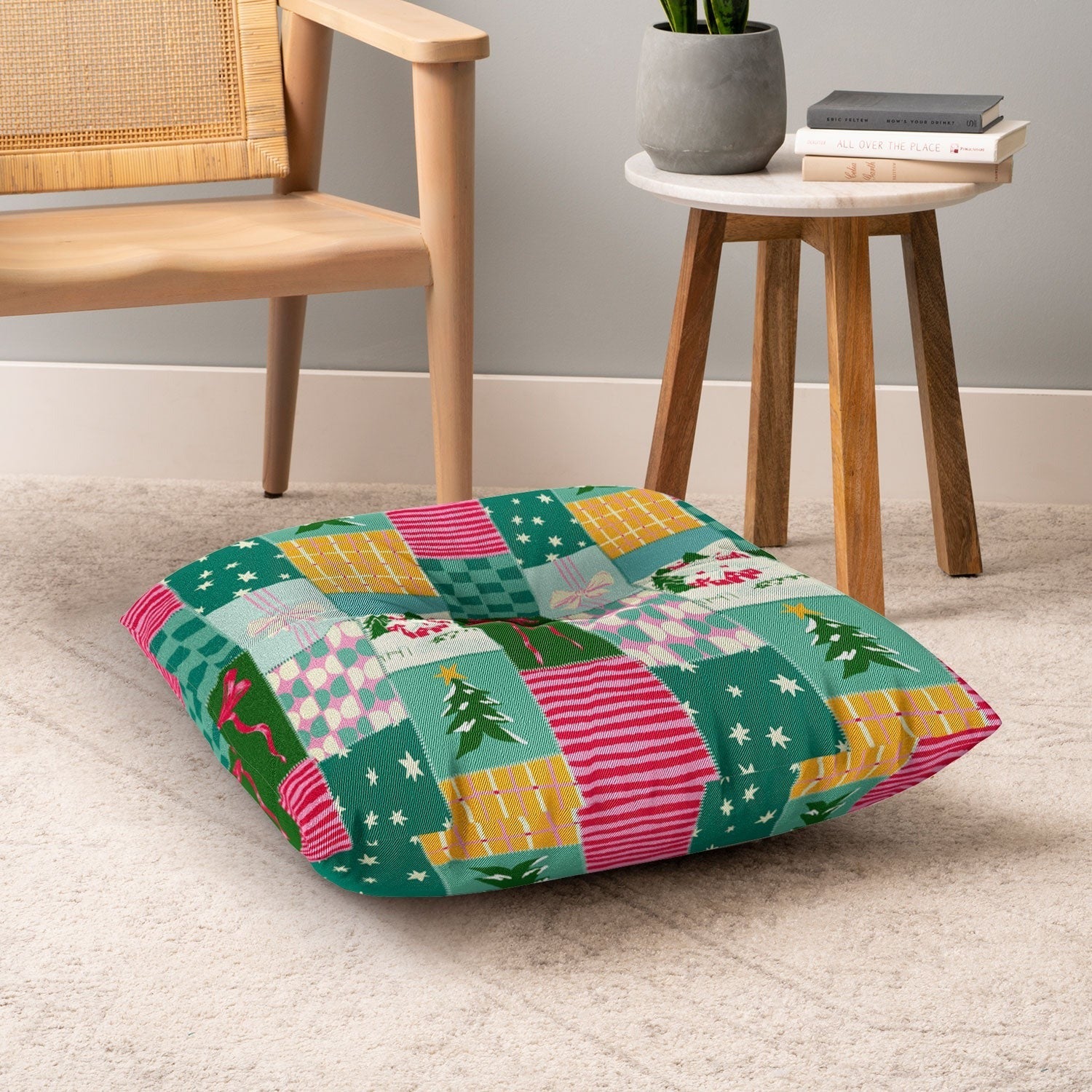 LouBruzzoni Cozy Christmas Patchwork Floor Pillow Square