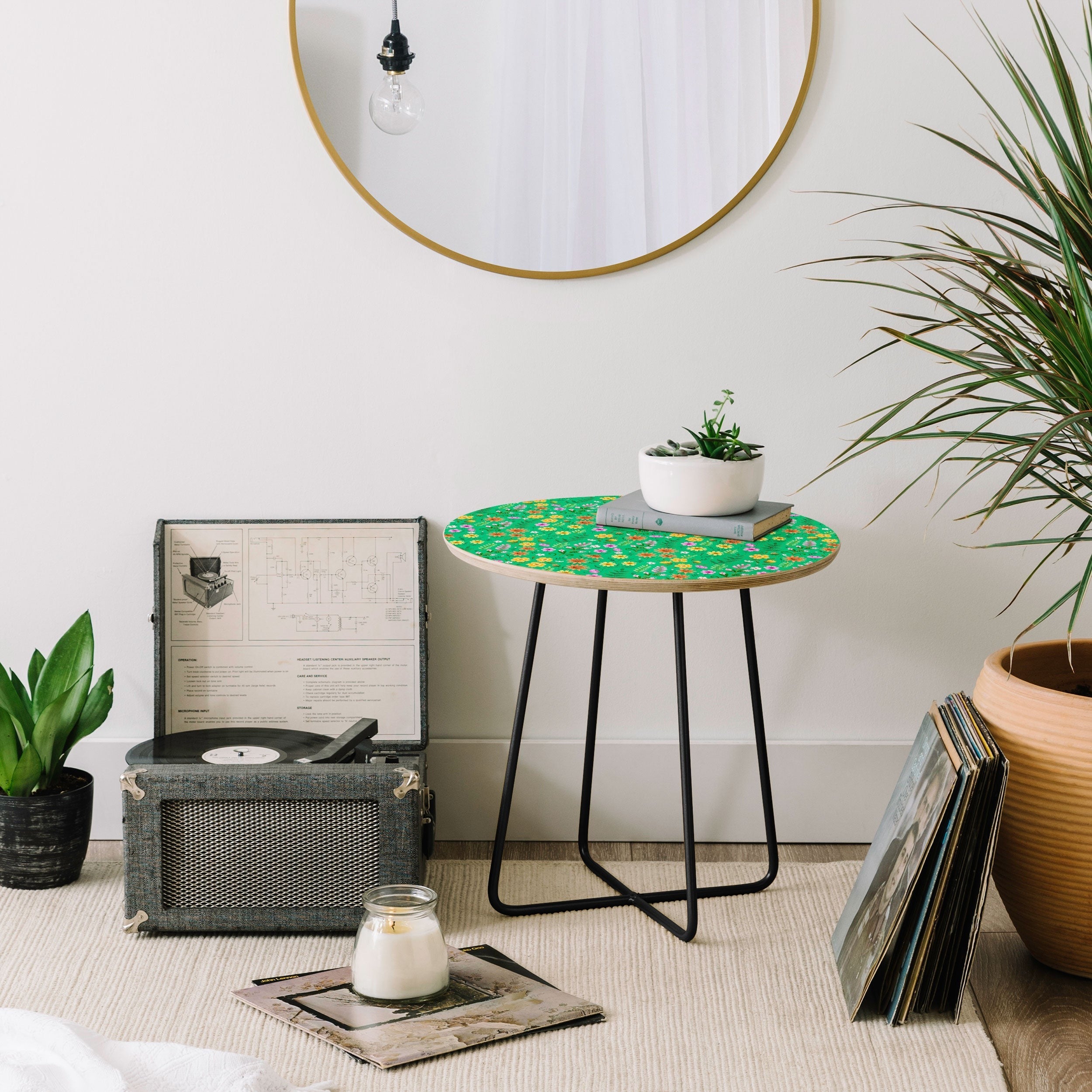 Pimlada Phuapradit Ditsy Spring Floral Green Round Side Table