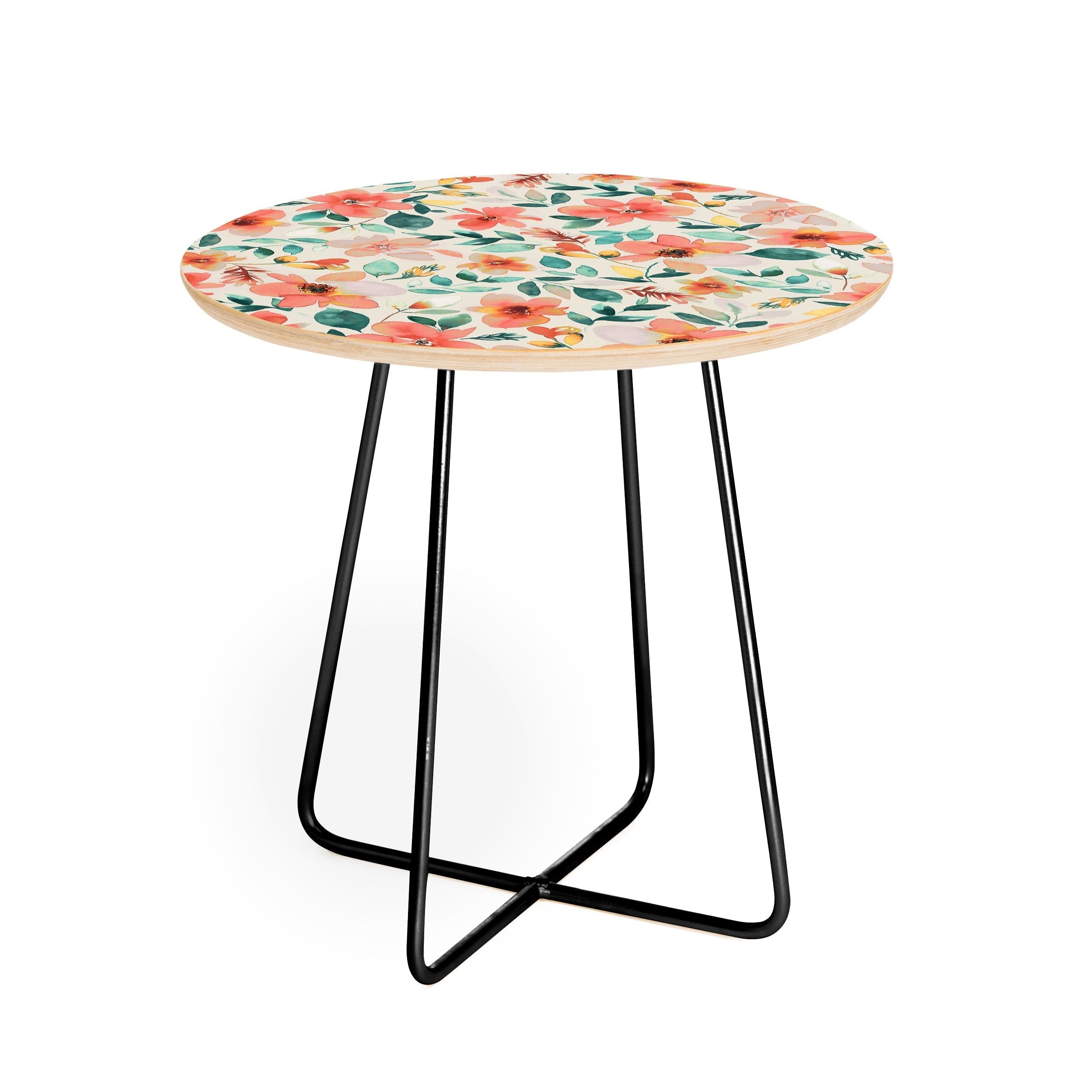 Ninola Design Botanic Retreat Tropical Whimsical Flowers Coral Green Round Side Table