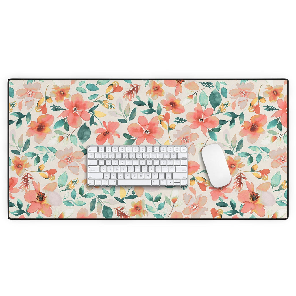 Ninola Design Botanic Retreat Tropical Whimsical Flowers Coral Green Desk Mat