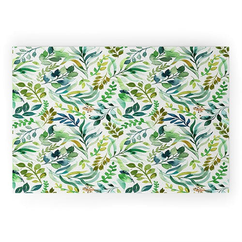 Ninola Design Botanic Retreat Loose Botanical Leaves Watercolor Green Welcome Mat