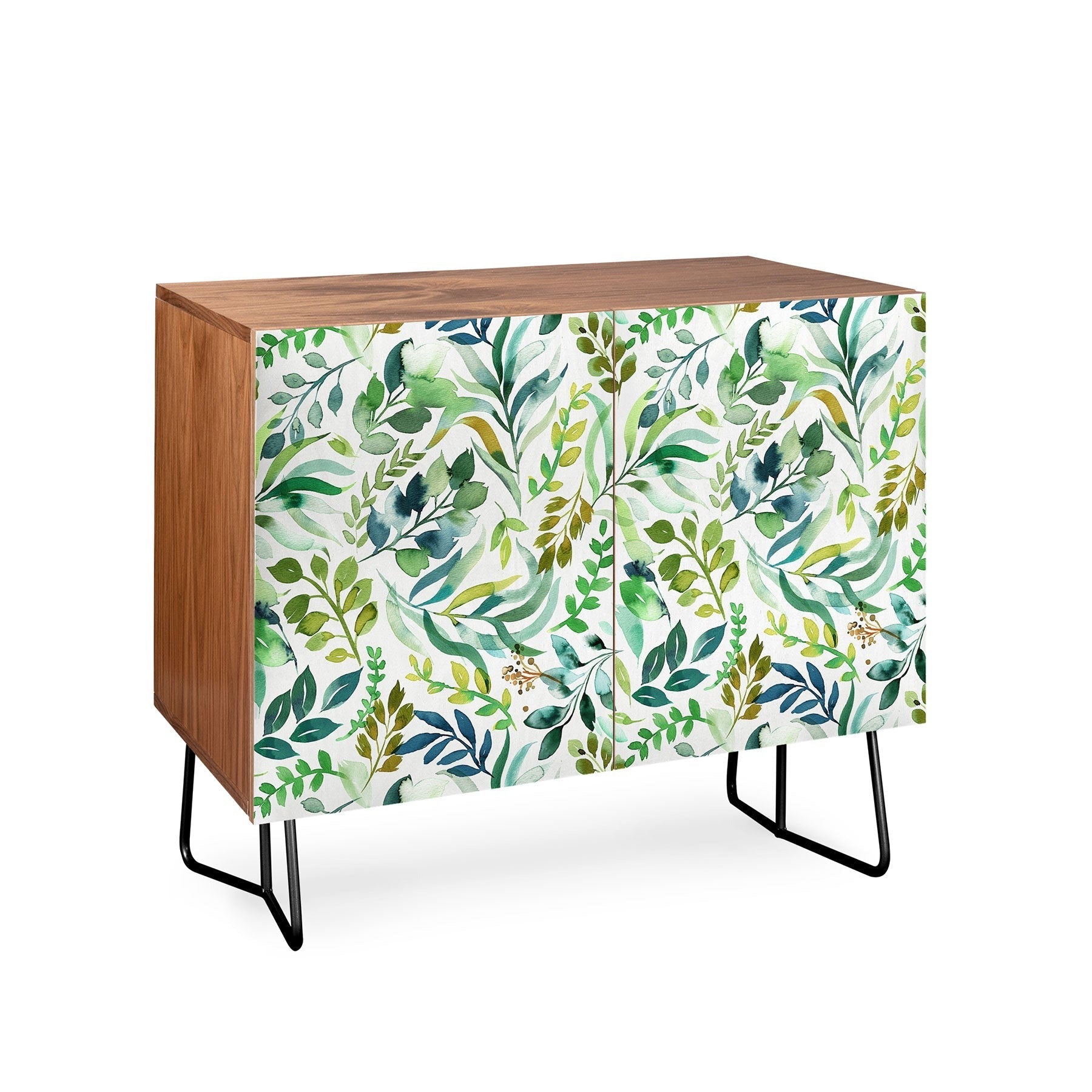 Ninola Design Botanic Retreat Loose Botanical Leaves Watercolor Green Credenza