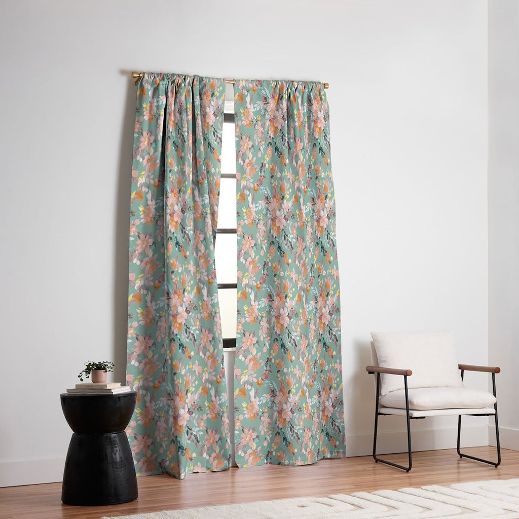 Ninola Design Botanic Retreat Floral Oleander Whimsical Teal Green Blackout Window Curtain
