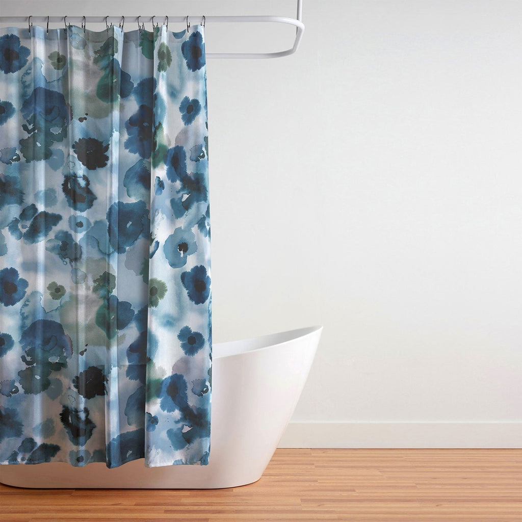 Ninola Design Botanic Retreat Ombre Abstract Watercolor Flowers Blue Navy Shower Curtain