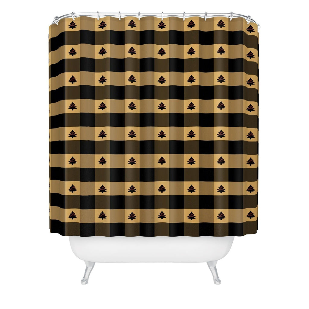 Design by Spark Black Gold Tree Tree Gingham Shower Curtain