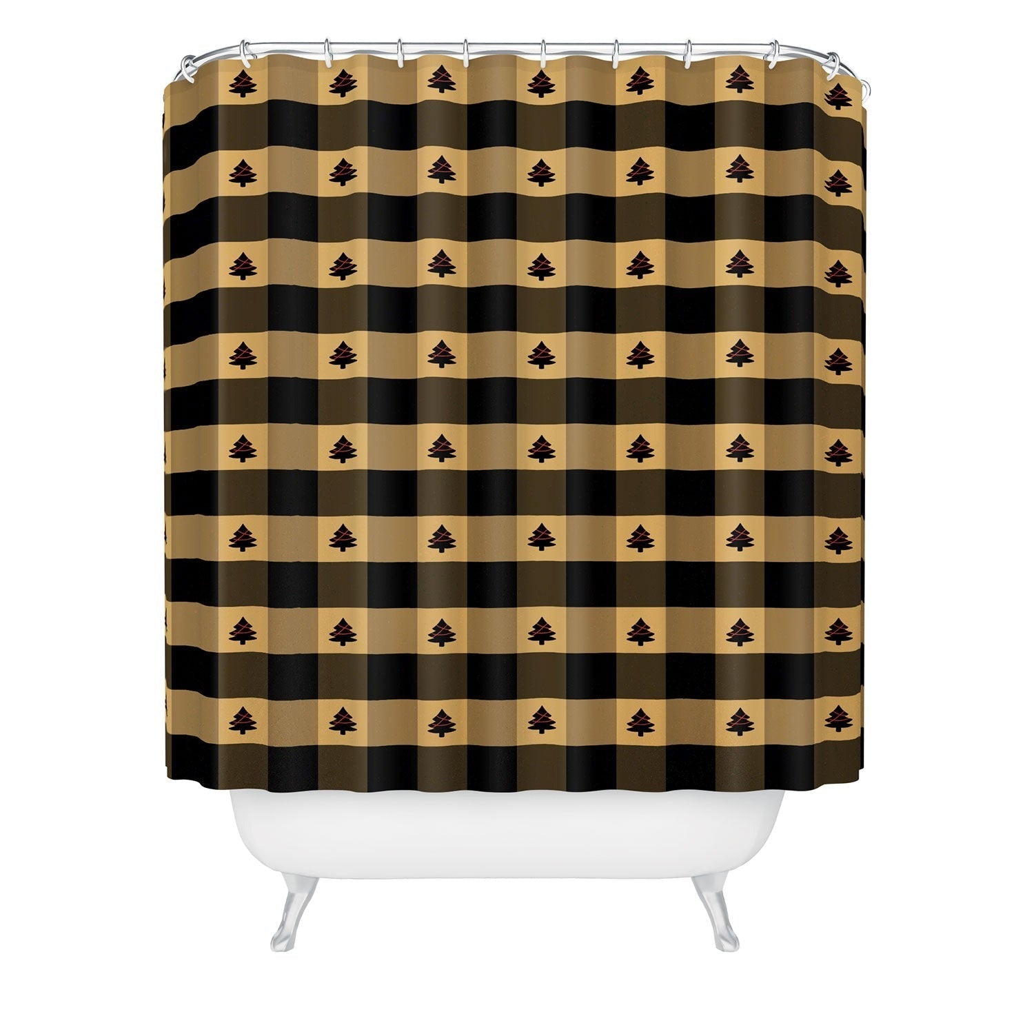 Design by Spark Black Gold Tree Tree Gingham Shower Curtain