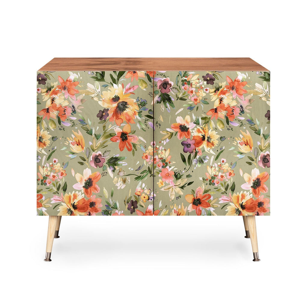 Ninola Design Botanic Retreat Painterly Tropical Flowers Sage Green Credenza