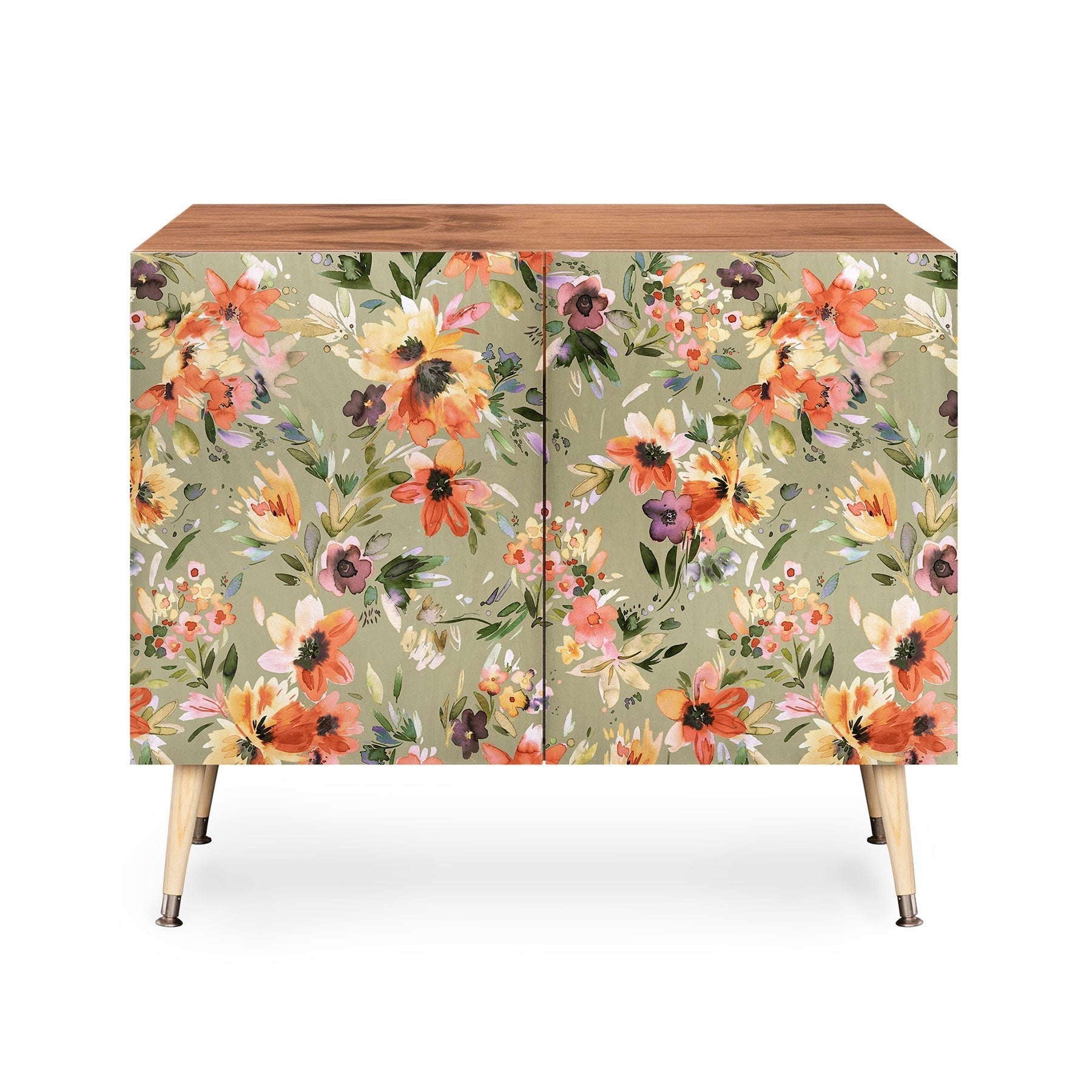 Ninola Design Botanic Retreat Painterly Tropical Flowers Sage Green Credenza