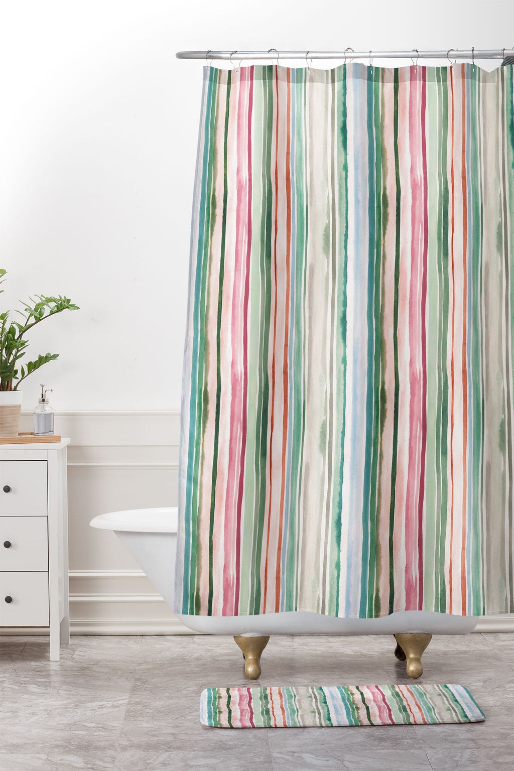 Ninola Design Botanic Retreat Watercolor Stripes Green Orange Red Memory Foam Bath Mat