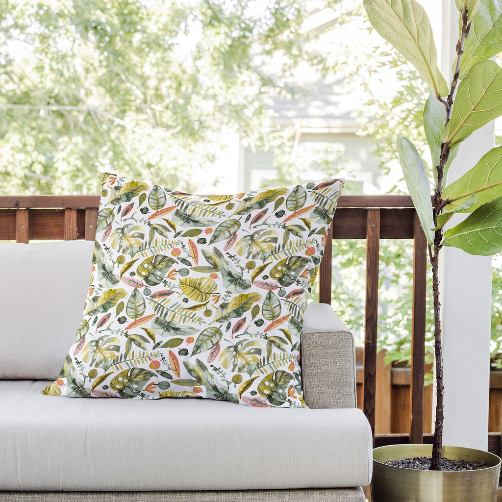 Ninola Design Botanic Retreat Tropical Jungle Leaves Botanical Green Orange Outdoor Throw Pillow
