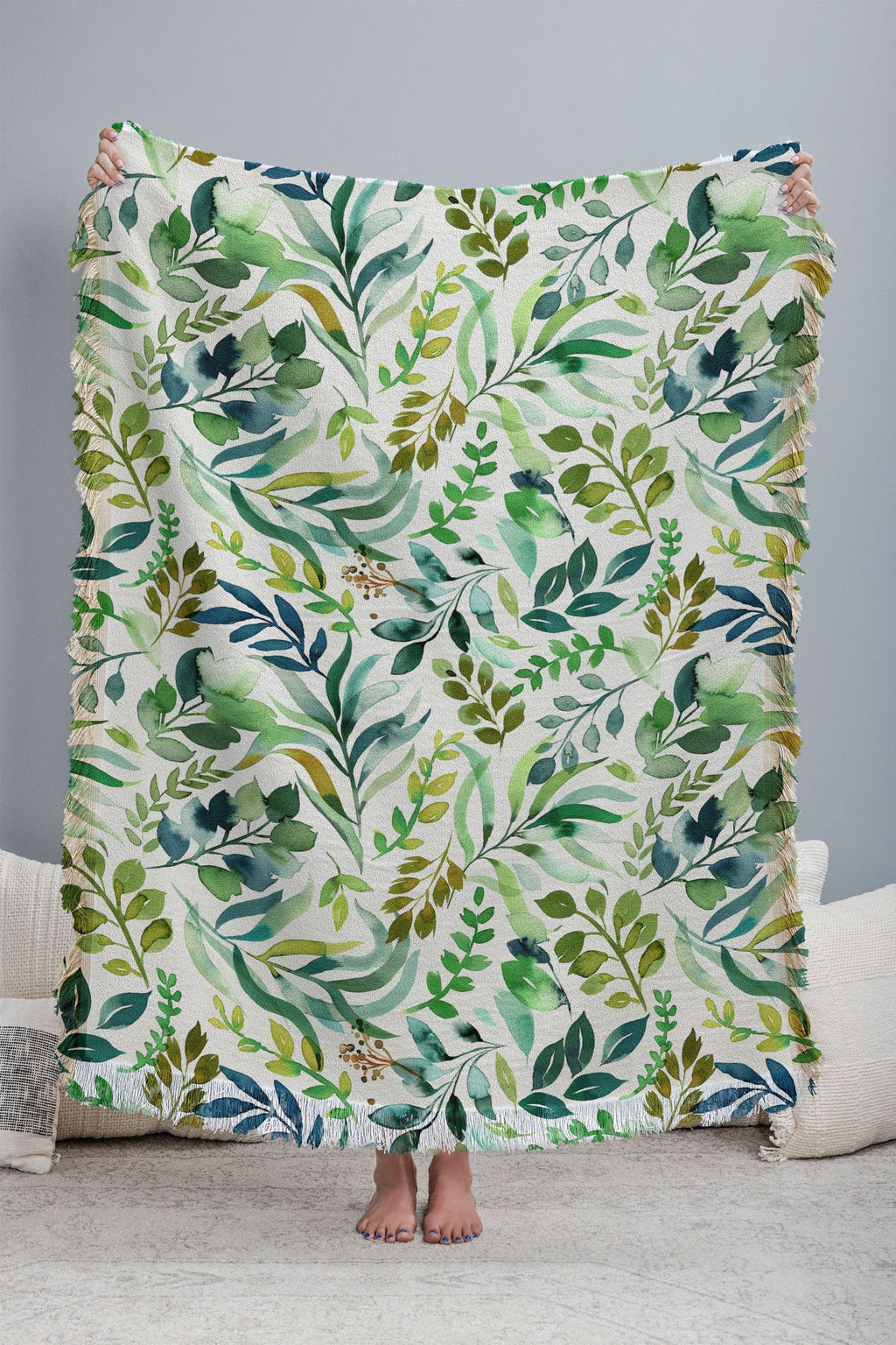 Ninola Design Botanic Retreat Loose Botanical Leaves Watercolor Green Throw Blanket