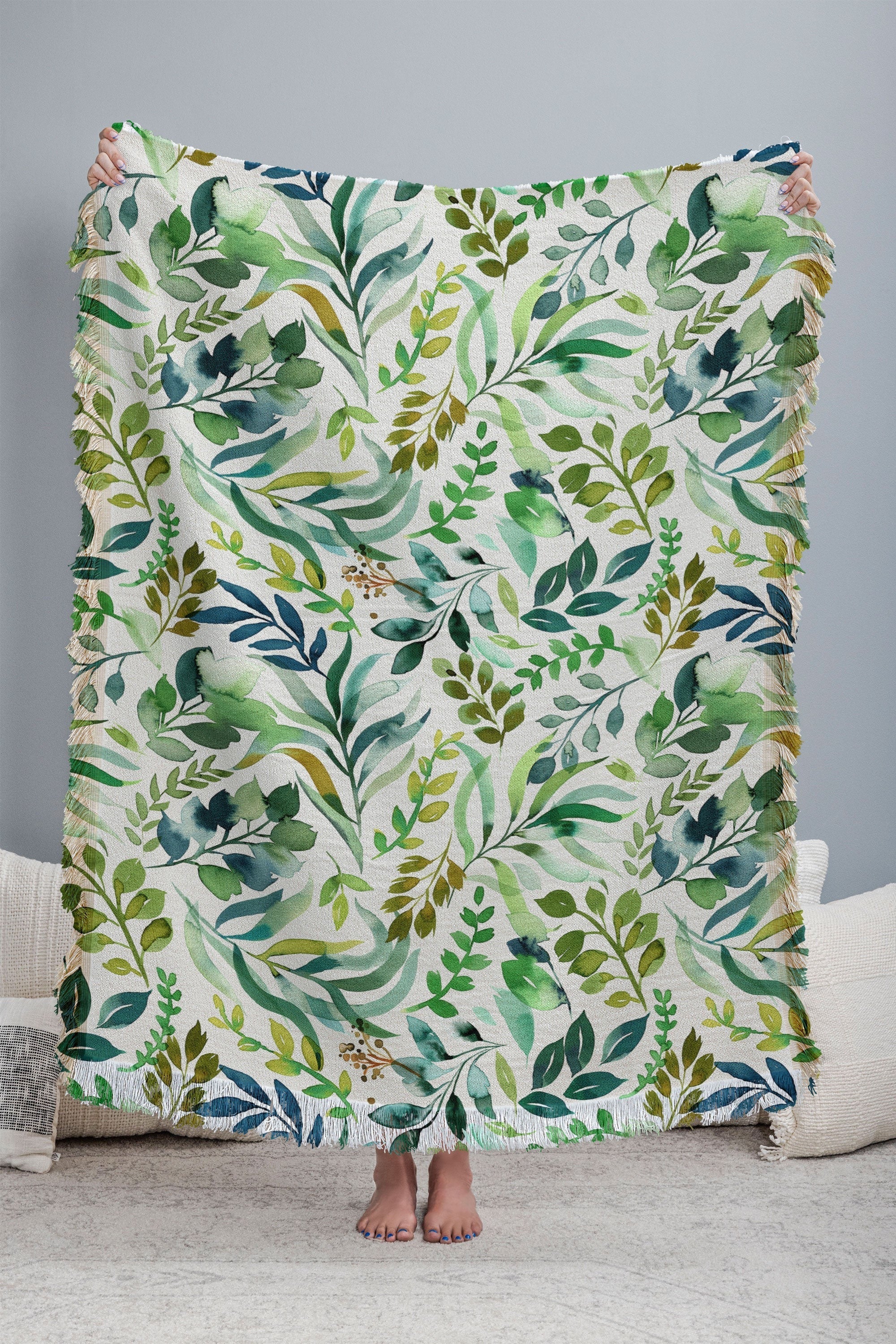 Ninola Design Botanic Retreat Loose Botanical Leaves Watercolor Green Throw Blanket