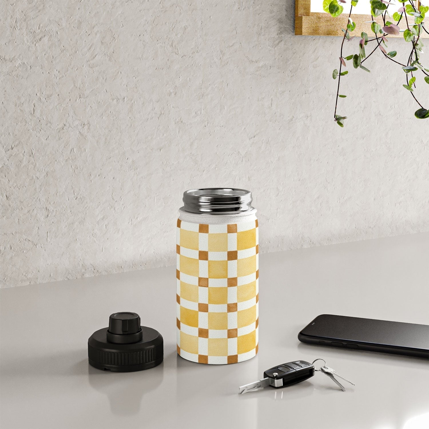 Ninola Design Everyday Artifact Checker Mosaic Tiles Geometry Yellow Water Bottle