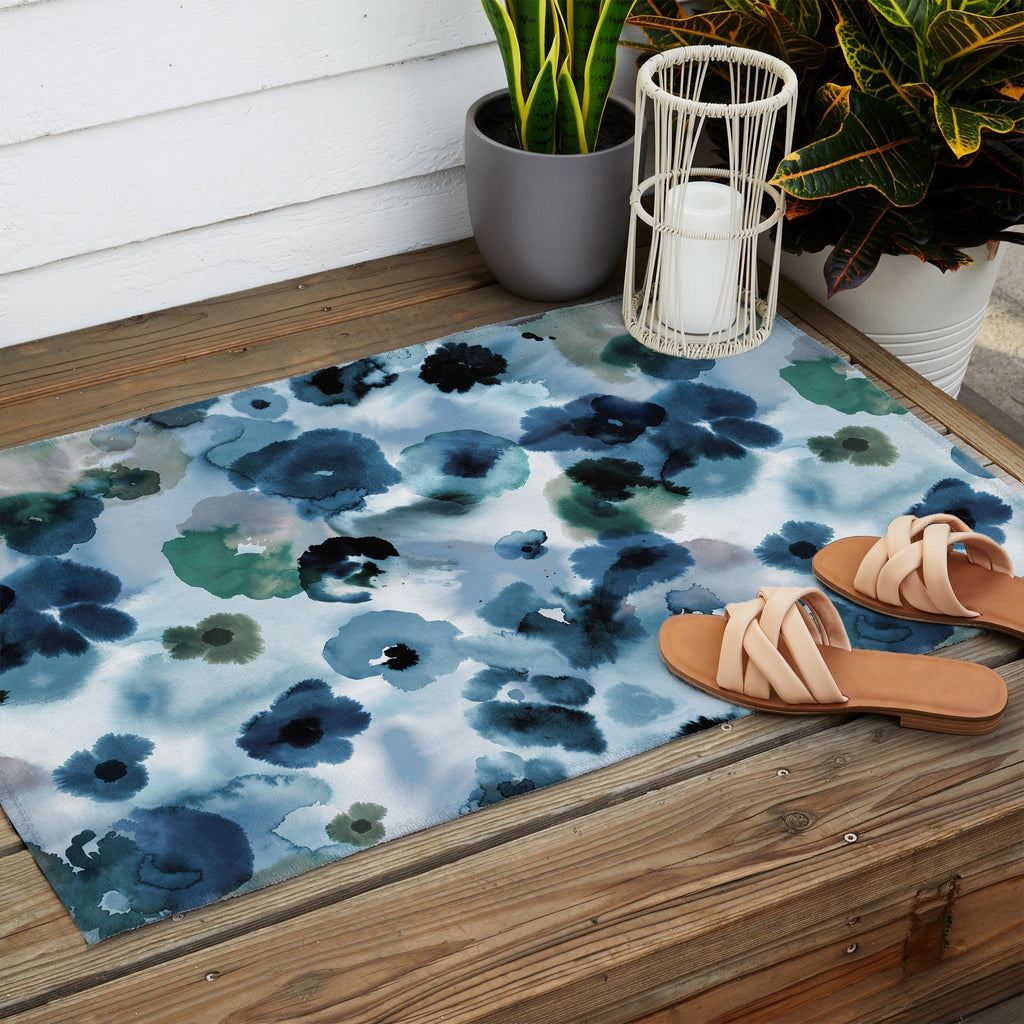 Ninola Design Botanic Retreat Ombre Abstract Watercolor Flowers Blue Navy Outdoor Rug