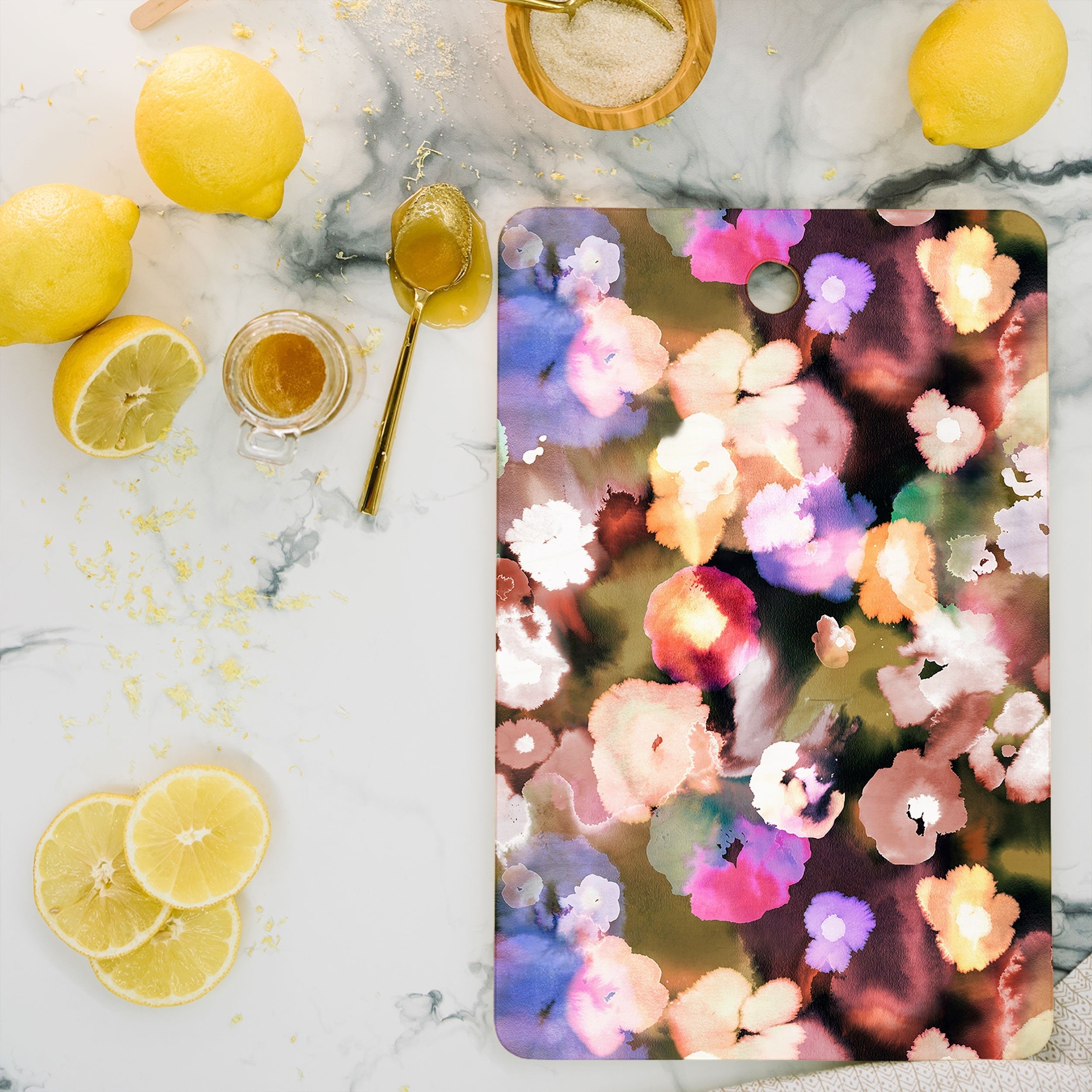 Ninola Design Botanic Retreat Ombre Abstract Watercolor Flowers Pink gold Cutting Board Rectangle