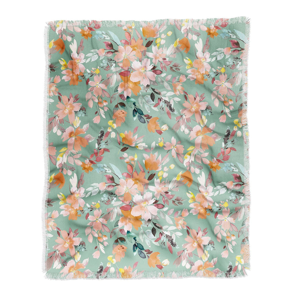 Ninola Design Botanic Retreat Floral Oleander Whimsical Teal Green Throw Blanket