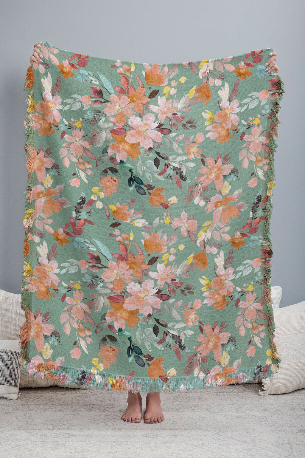 Ninola Design Botanic Retreat Floral Oleander Whimsical Teal Green Throw Blanket