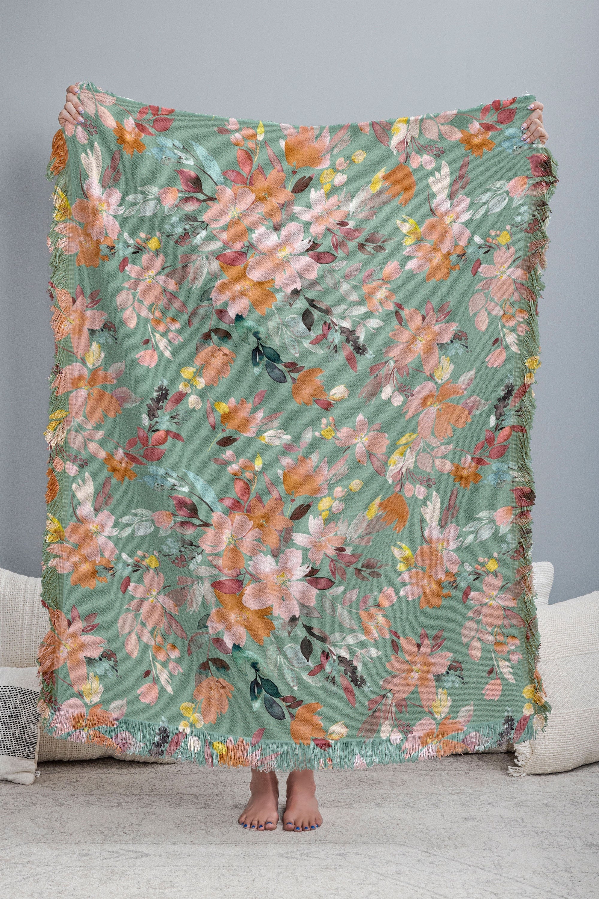 Ninola Design Botanic Retreat Floral Oleander Whimsical Teal Green Throw Blanket