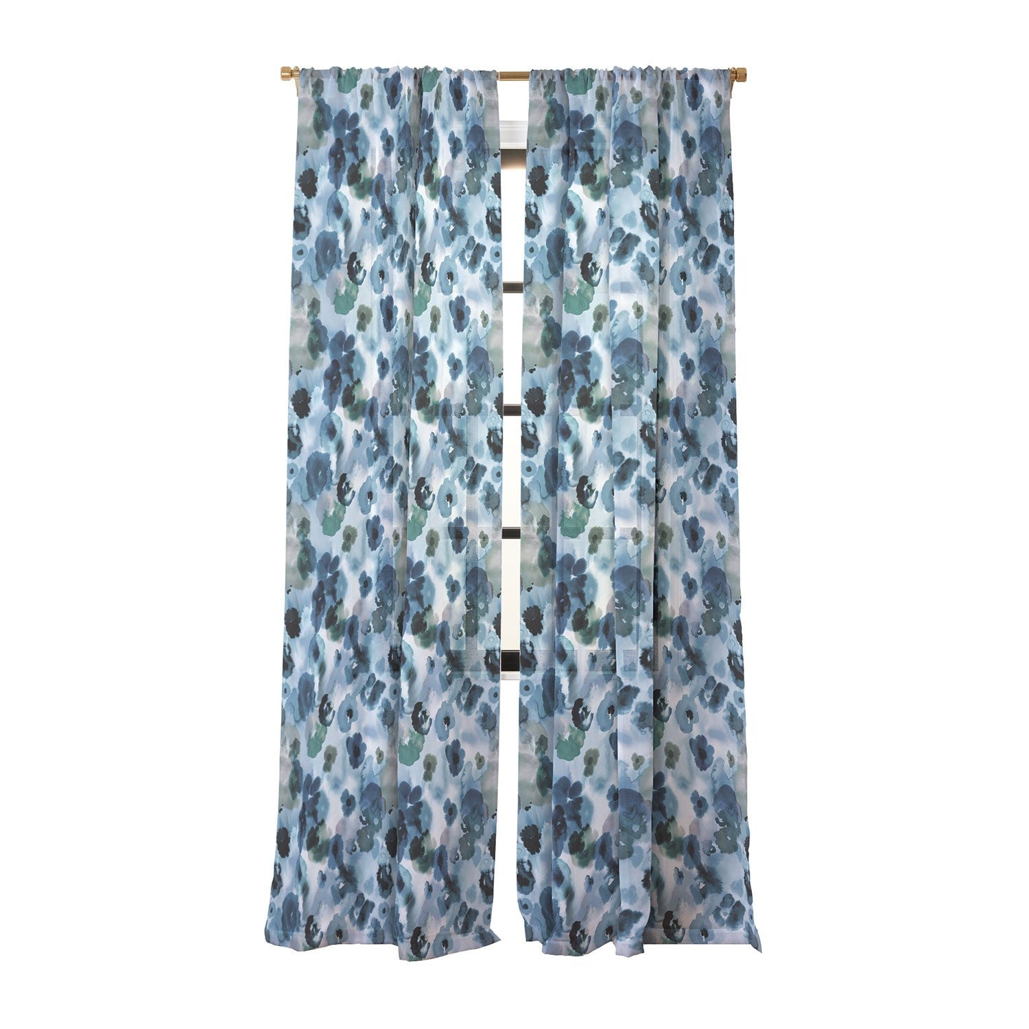 Ninola Design Botanic Retreat Ombre Abstract Watercolor Flowers Blue Navy Sheer Window Curtain