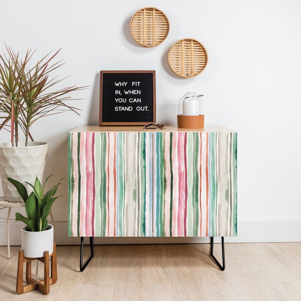 Ninola Design Botanic Retreat Watercolor Stripes Green Orange Red Credenza