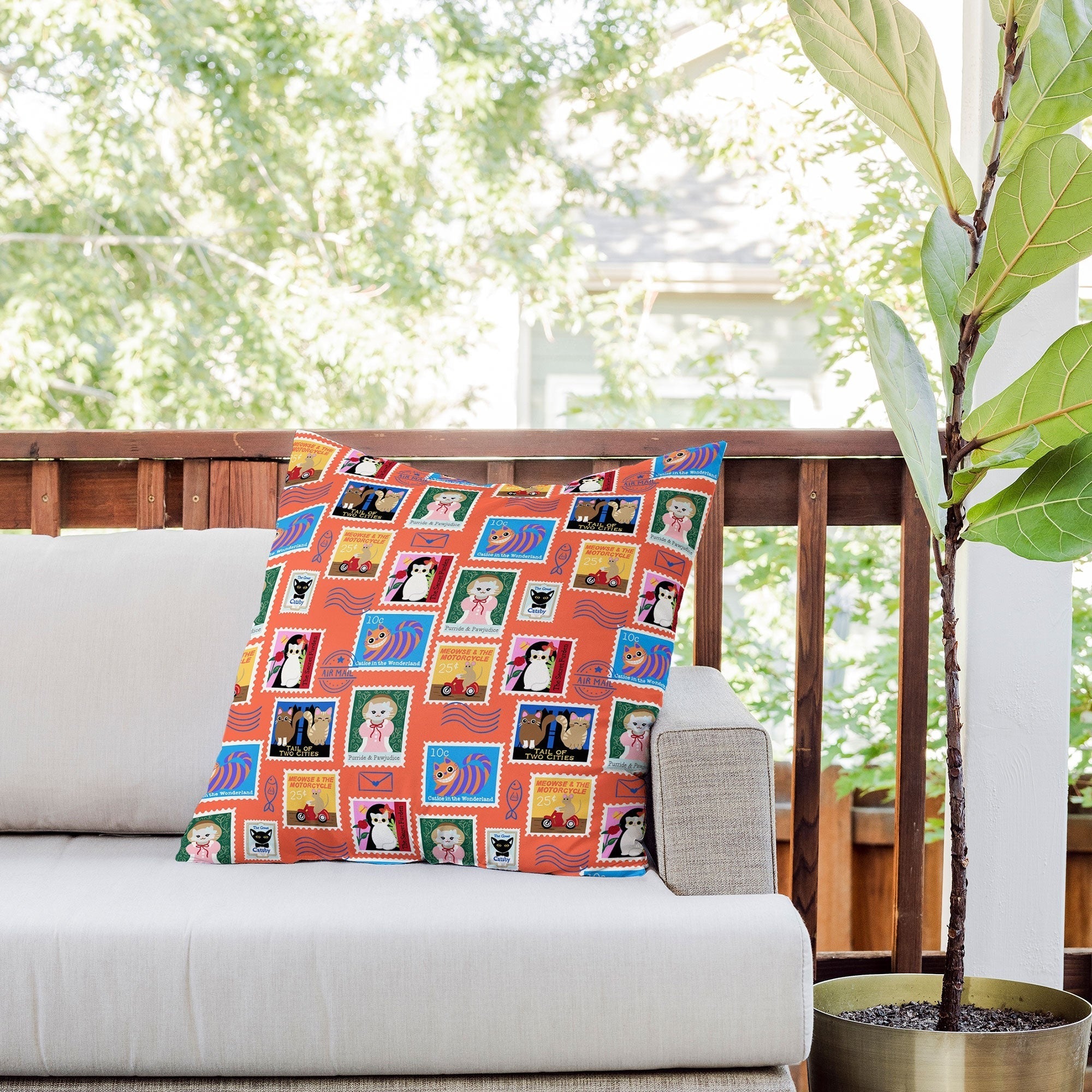 Design by Spark Classic Book Cat Stamps Outdoor Throw Pillow