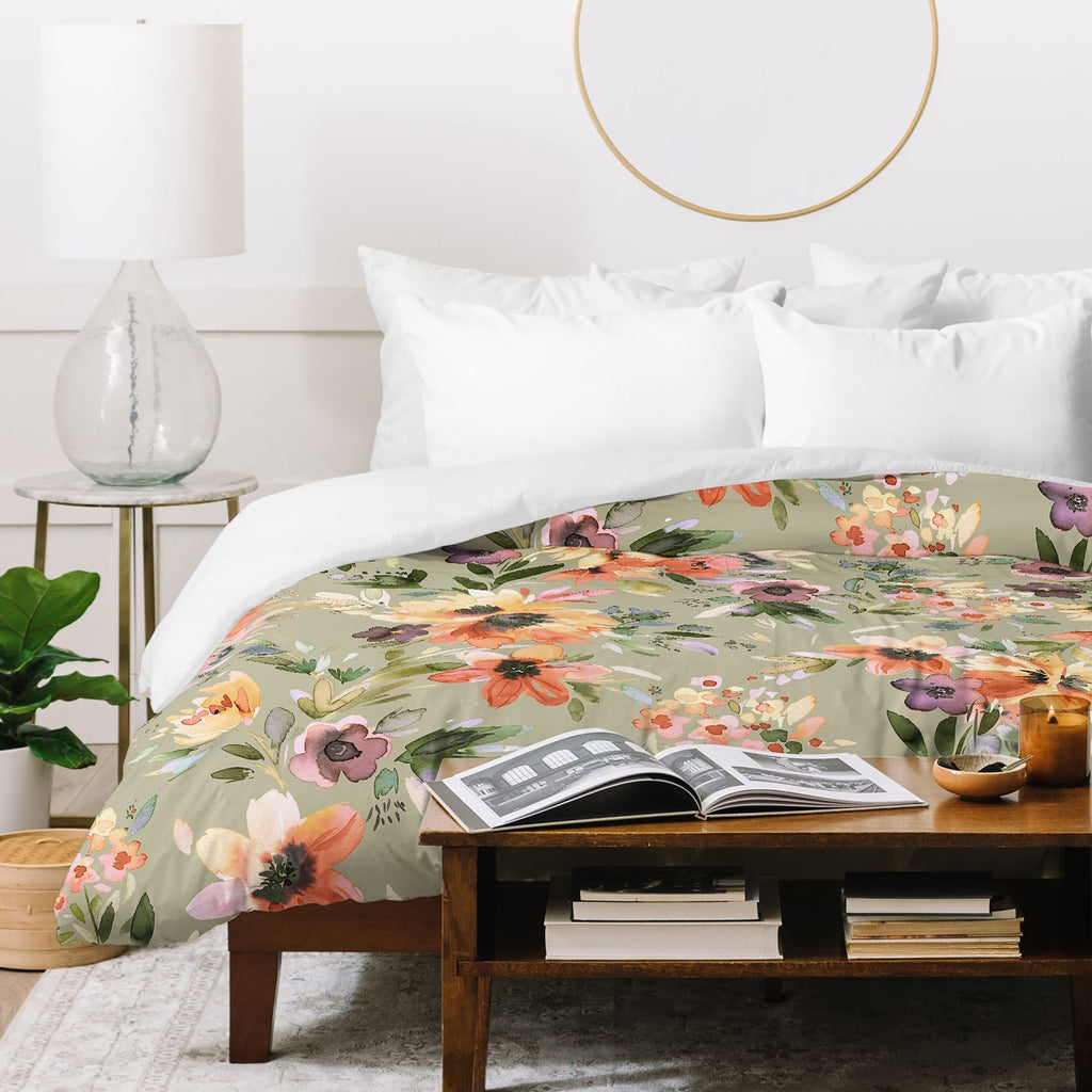 Ninola Design Botanic Retreat Floral Oleander Whimsical Teal Green Duvet Cover