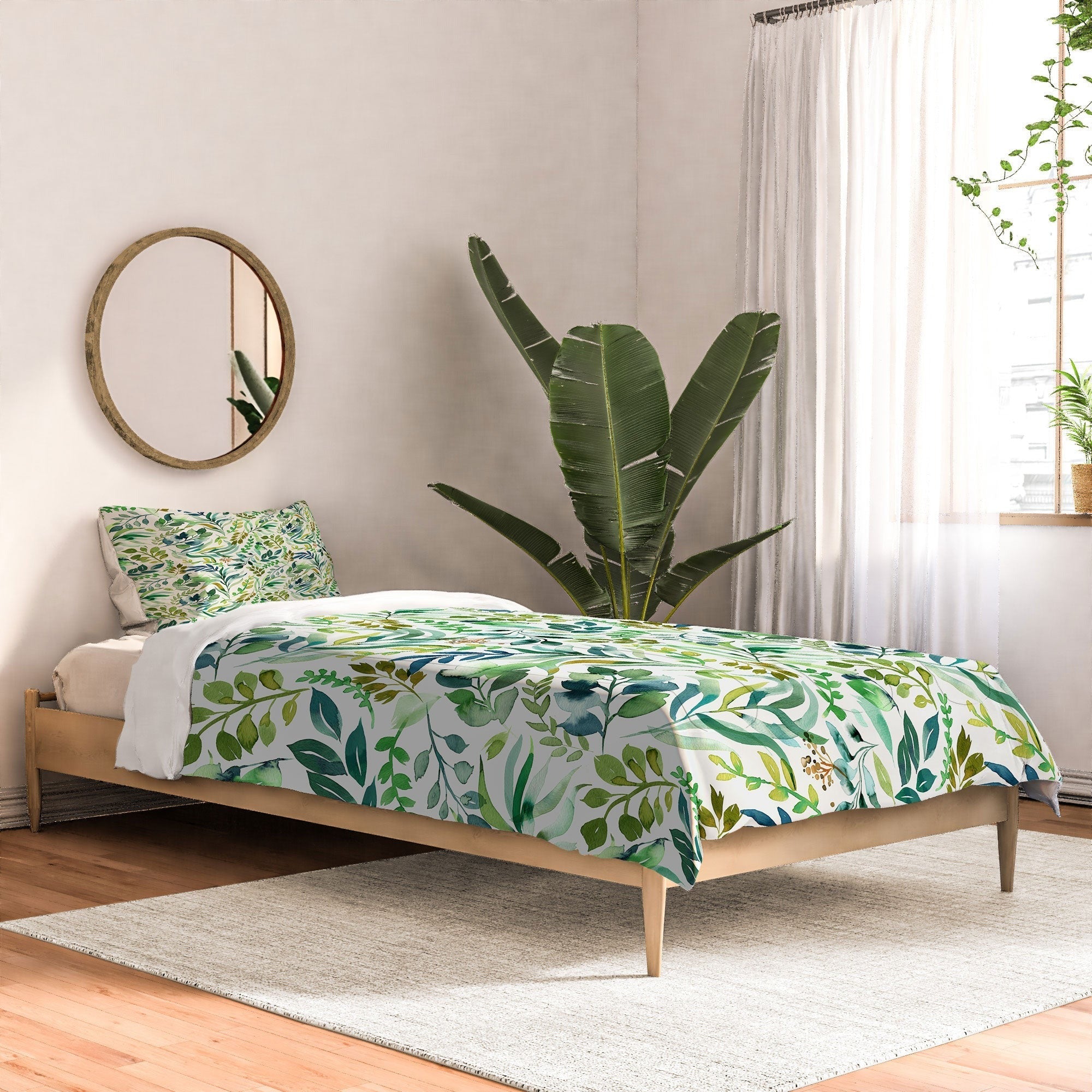 Ninola Design Botanic Retreat Loose Botanical Leaves Watercolor Green Comforter