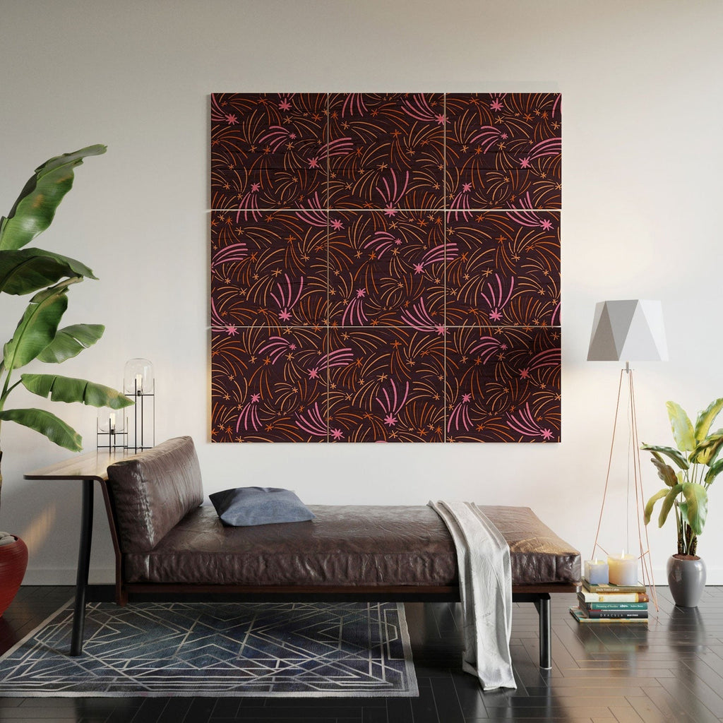 Little Om Pattern Shooting Stars plum Wood Wall Mural