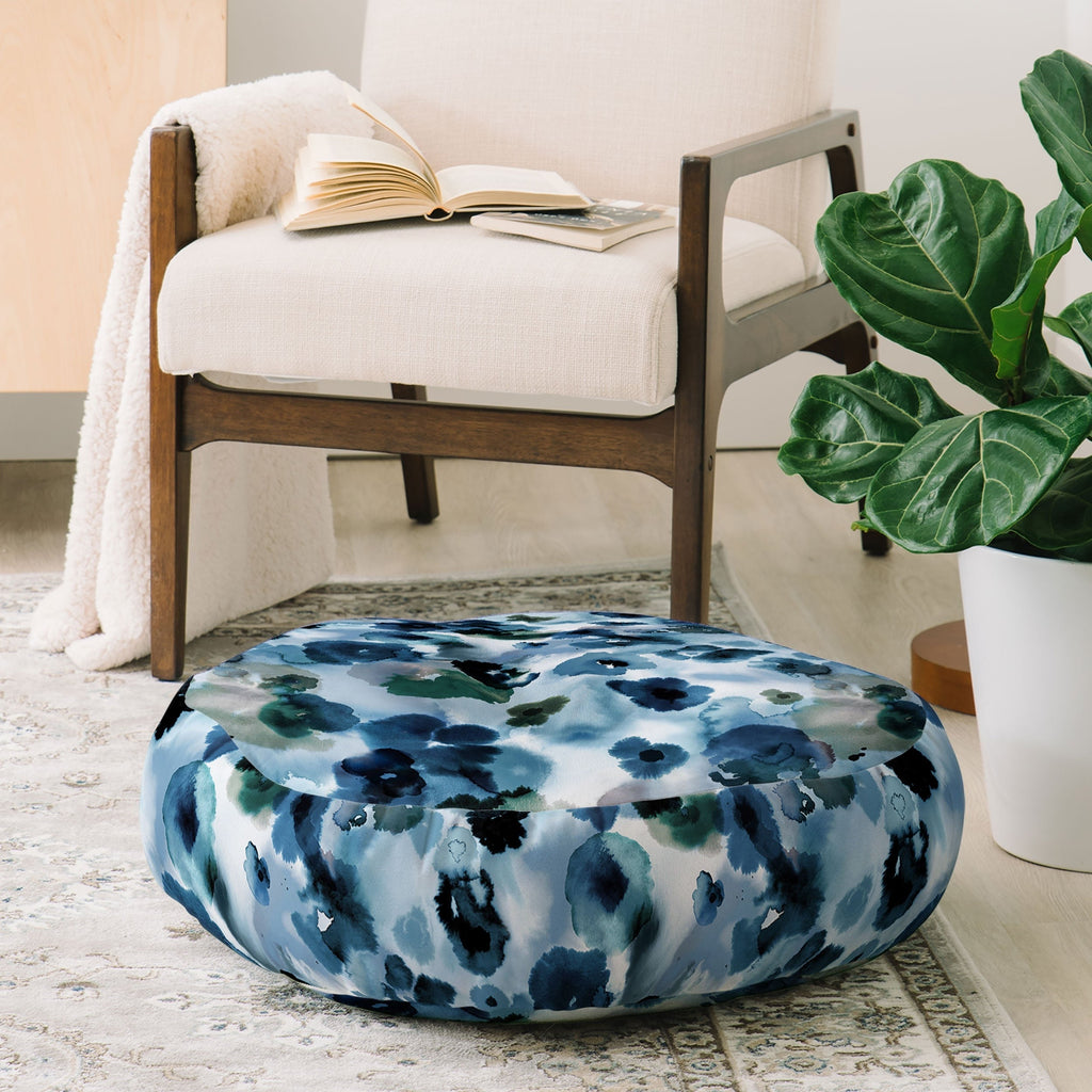 Ninola Design Botanic Retreat Ombre Abstract Watercolor Flowers Blue Navy Floor Pillow Round