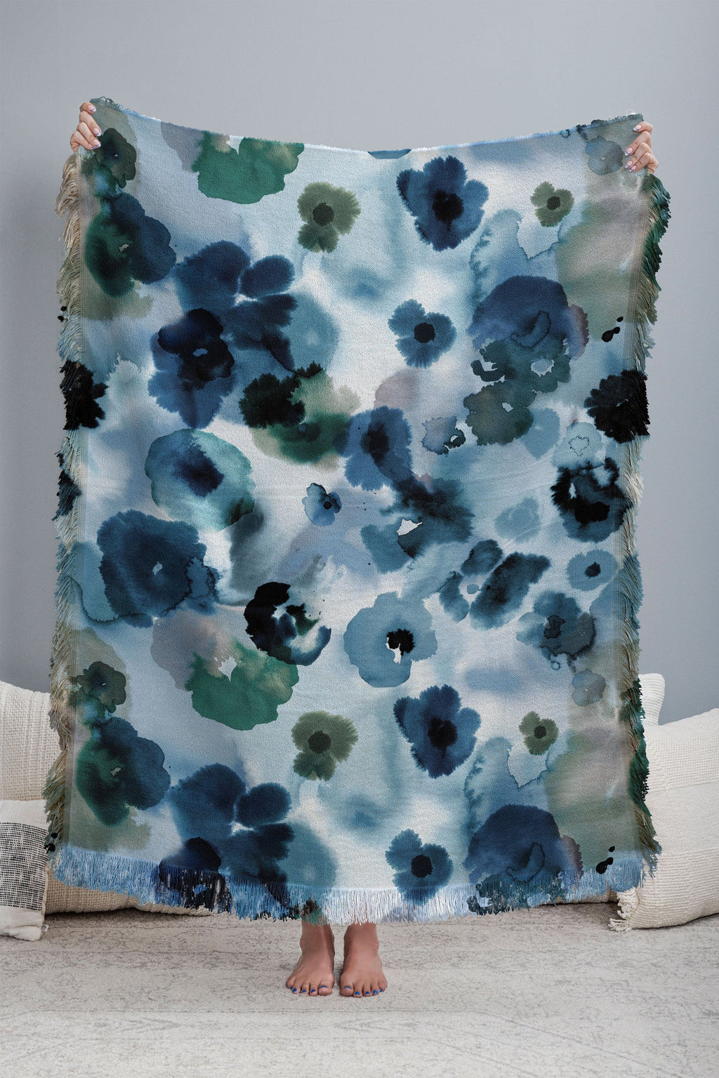 Ninola Design Botanic Retreat Ombre Abstract Watercolor Flowers Blue Navy Throw Blanket