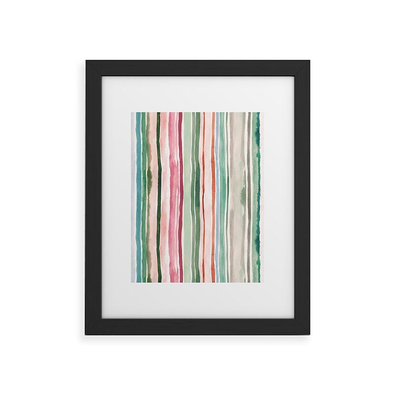 Ninola Design Botanic Retreat Watercolor Stripes Green Orange Red Framed Art Print