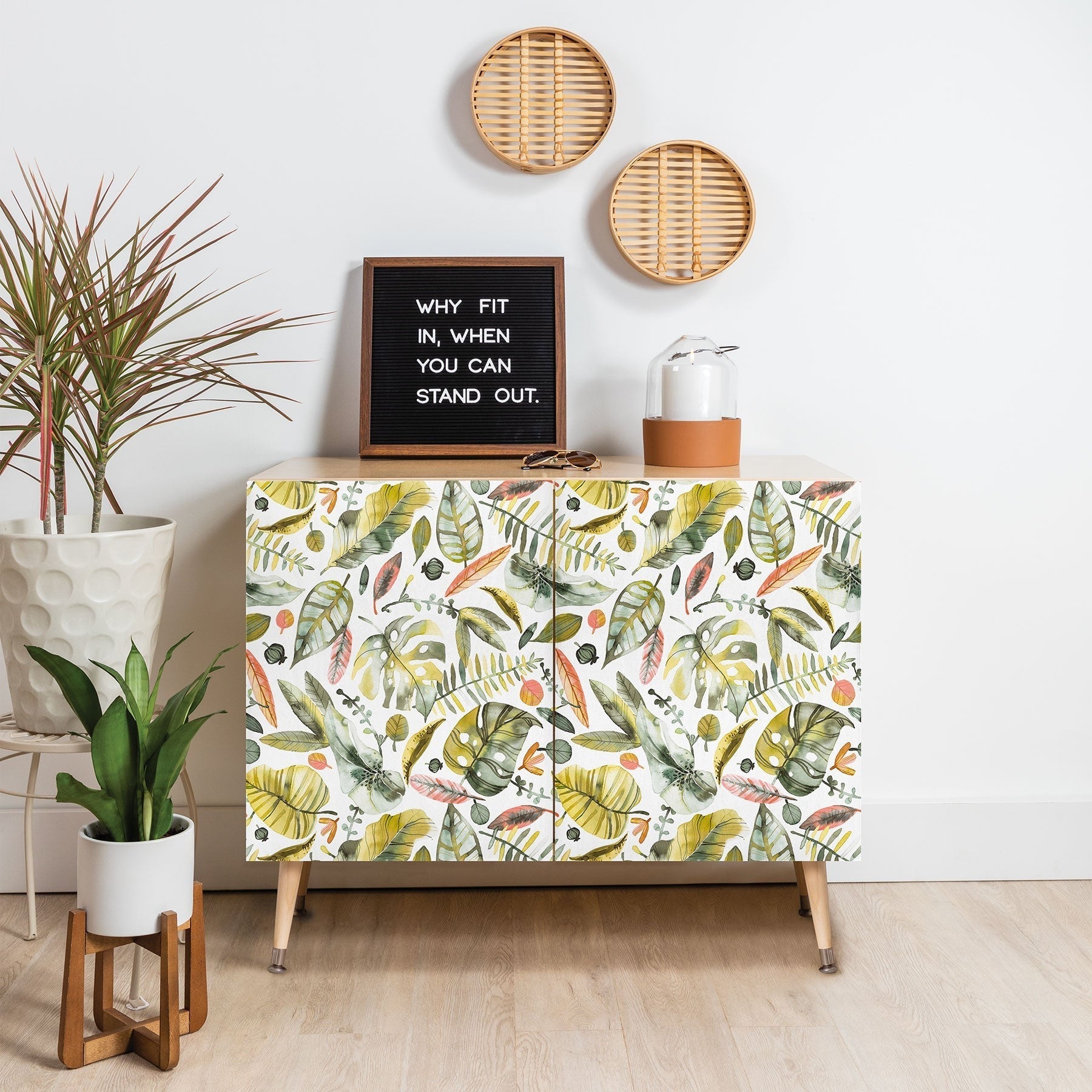 Ninola Design Botanic Retreat Tropical Jungle Leaves Botanical Green Orange Credenza