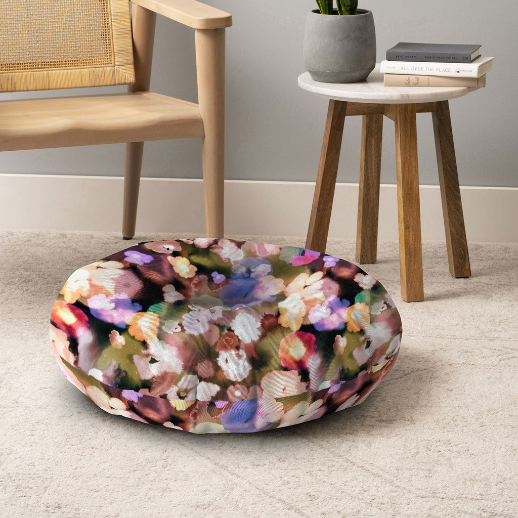 Ninola Design Botanic Retreat Ombre Abstract Watercolor Flowers Pink gold Floor Pillow Round