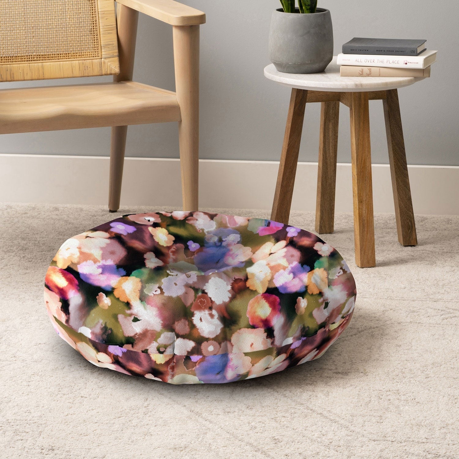 Ninola Design Botanic Retreat Ombre Abstract Watercolor Flowers Pink gold Floor Pillow Round