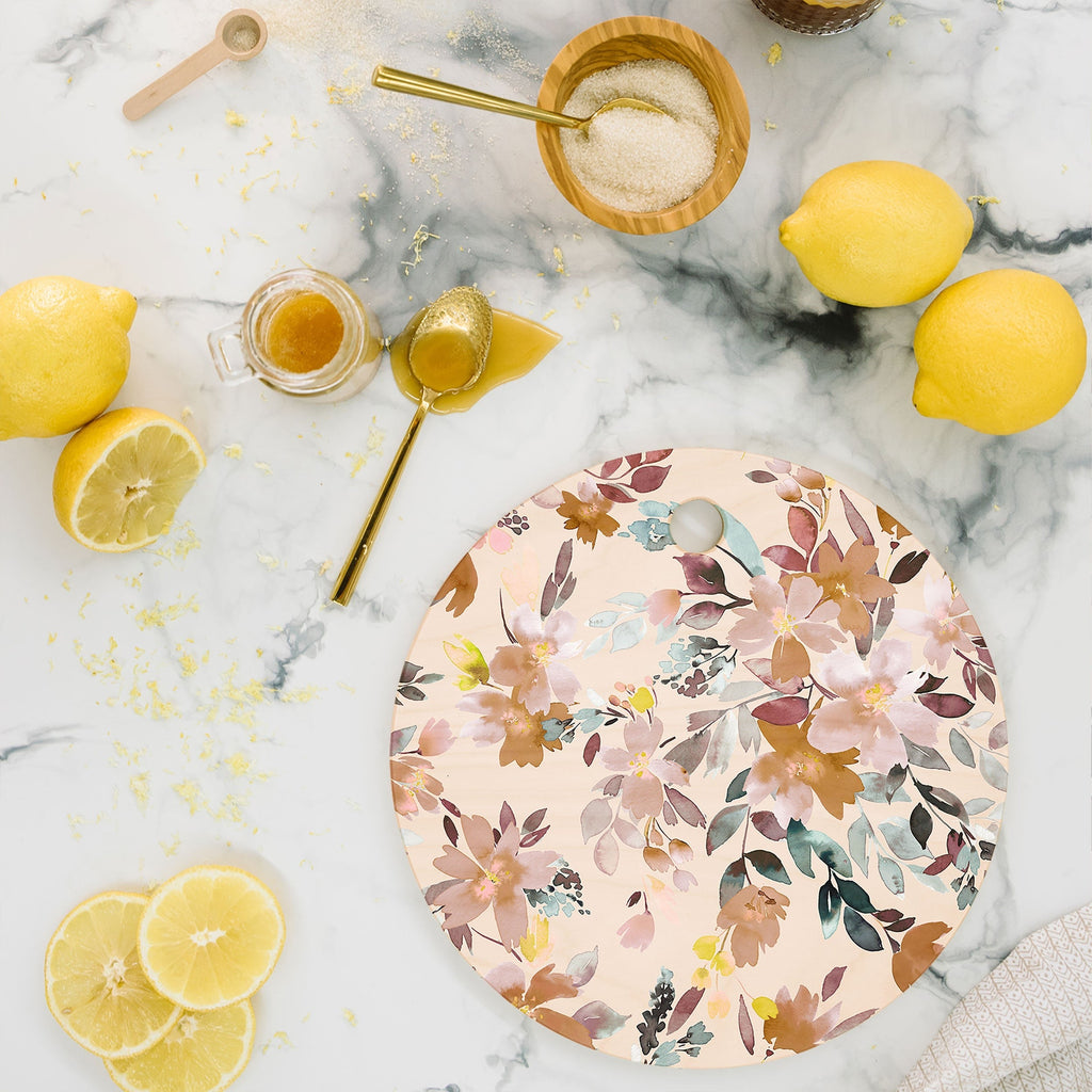 Ninola Design Botanic Retreat Floral Oleander Whimsical Soft Pink Cutting Board Round