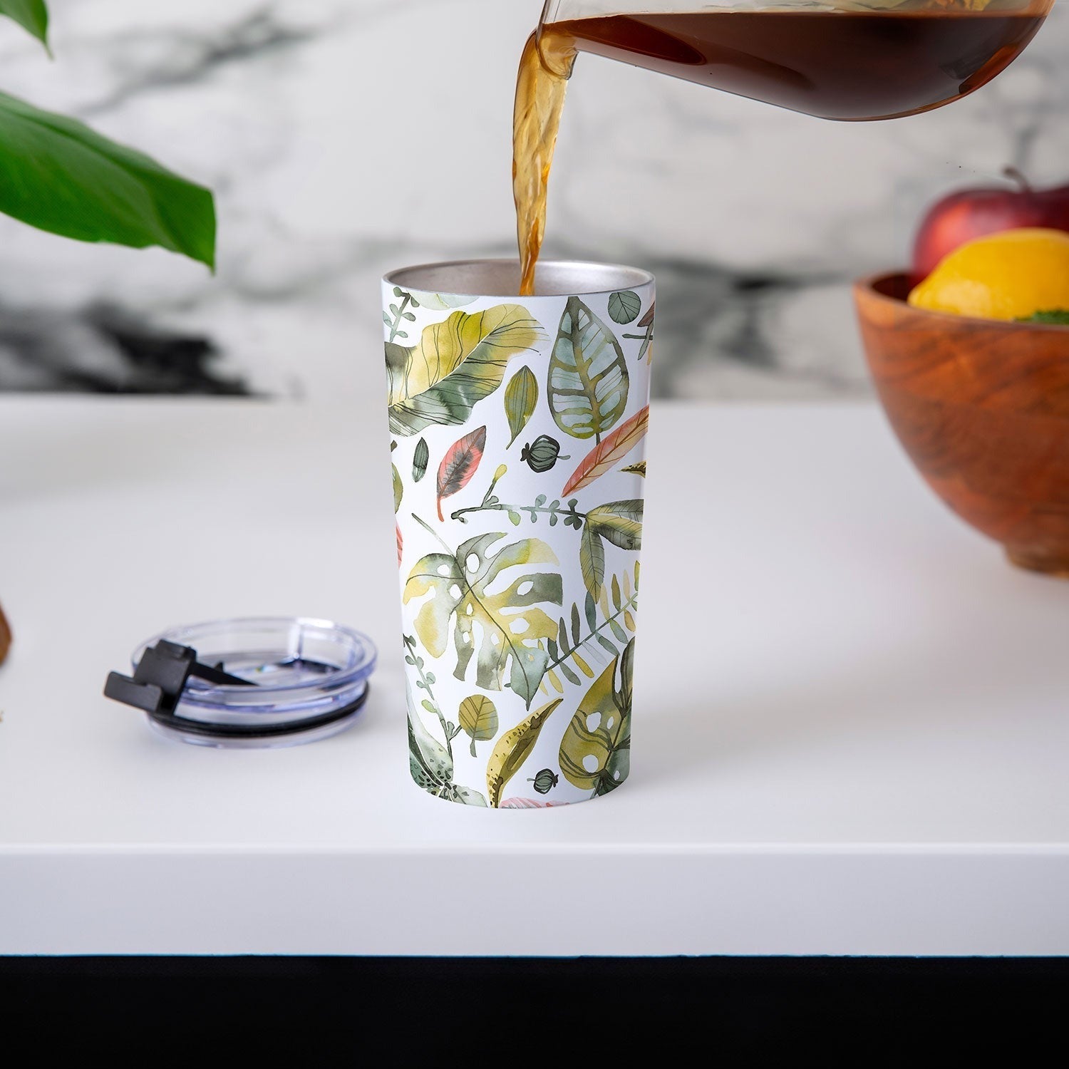 Ninola Design Botanic Retreat Tropical Jungle Leaves Botanical Green Orange Travel Mug