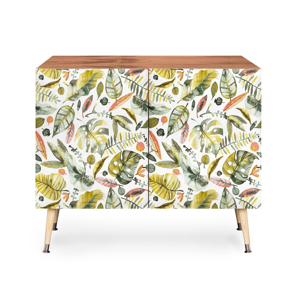 Ninola Design Botanic Retreat Tropical Jungle Leaves Botanical Green Orange Credenza