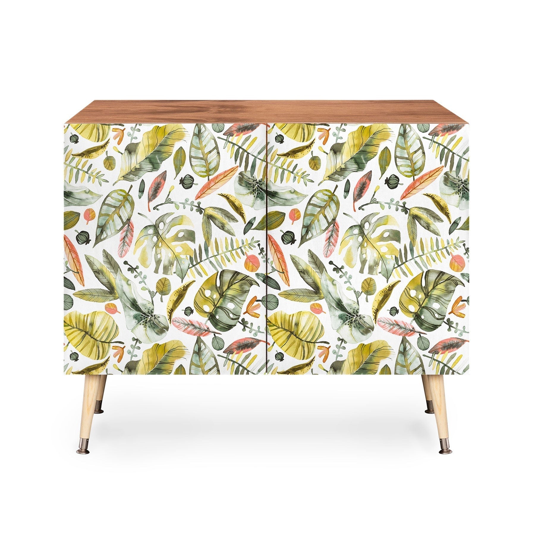 Ninola Design Botanic Retreat Tropical Jungle Leaves Botanical Green Orange Credenza