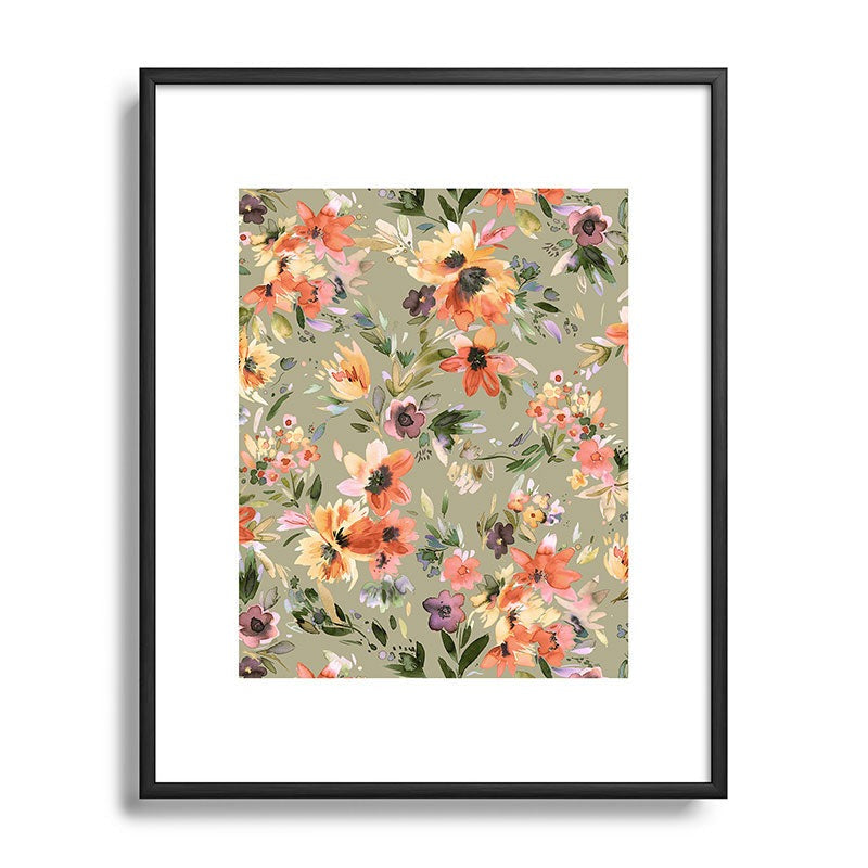 Ninola Design Botanic Retreat Painterly Tropical Flowers Sage Green Metal Framed Art Print