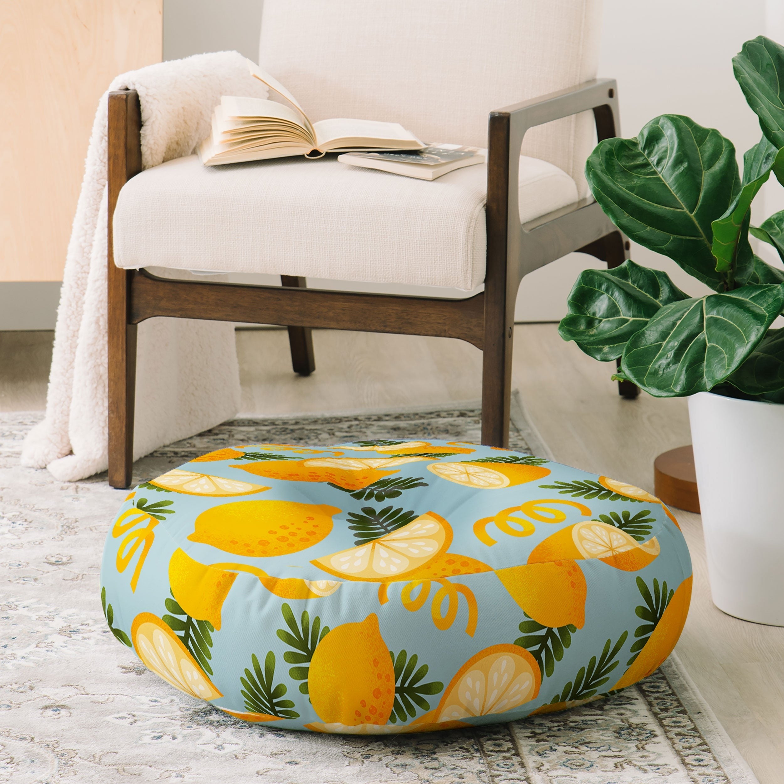Jessica Molina Lemon Pattern on Sky Blue Floor Pillow Round