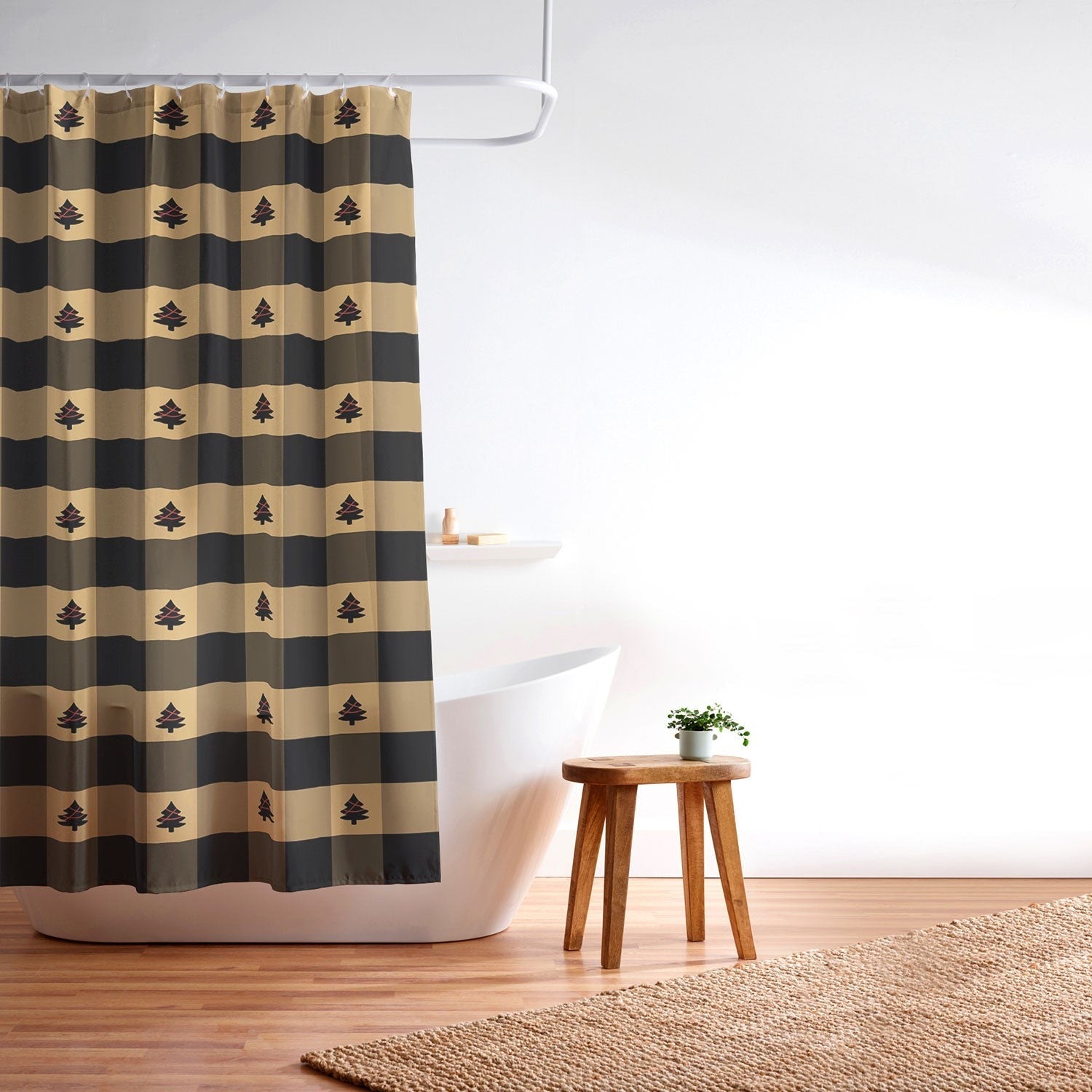 Design by Spark Black Gold Tree Tree Gingham Shower Curtain