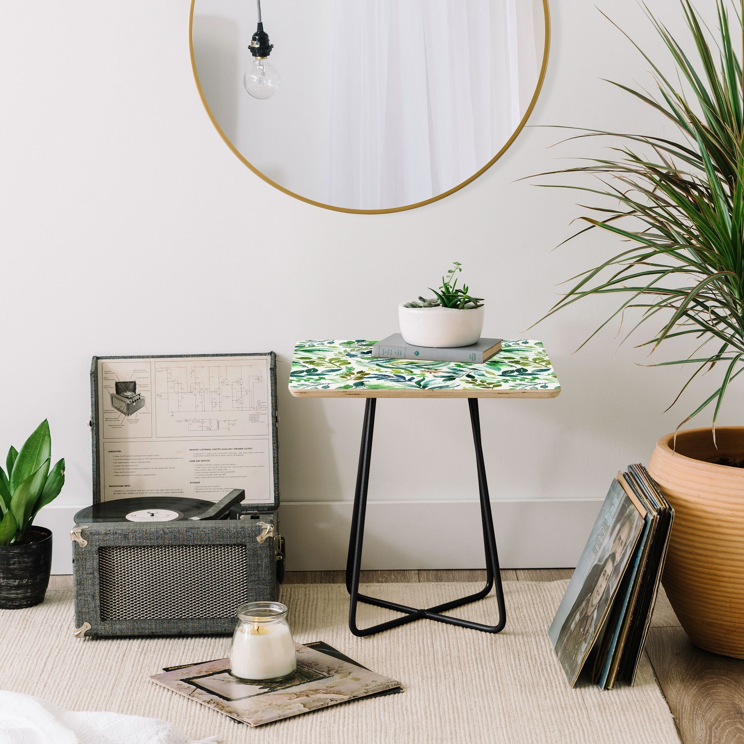 Ninola Design Botanic Retreat Loose Botanical Leaves Watercolor Green Side Table