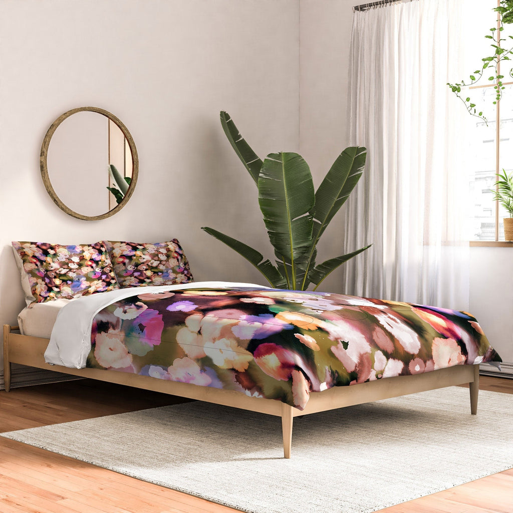 Ninola Design Botanic Retreat Ombre Abstract Watercolor Flowers Pink gold Comforter
