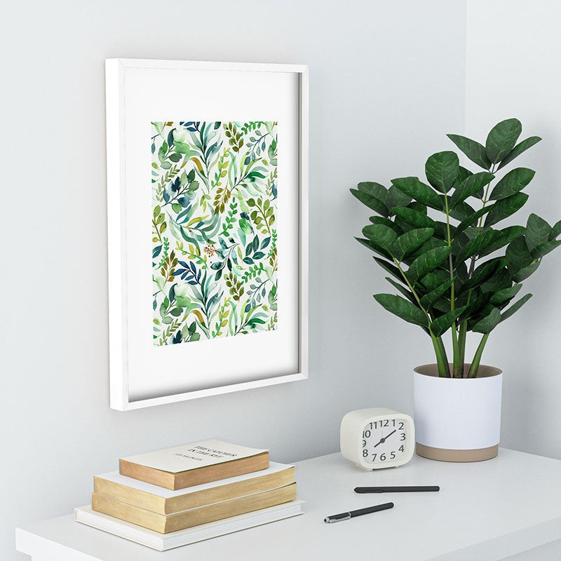 Ninola Design Botanic Retreat Loose Botanical Leaves Watercolor Green Recessed Framing Rectangle