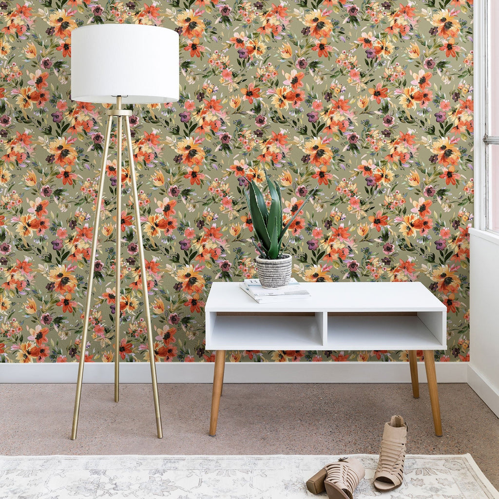 Ninola Design Botanic Retreat Painterly Tropical Flowers Sage Green Wallpaper