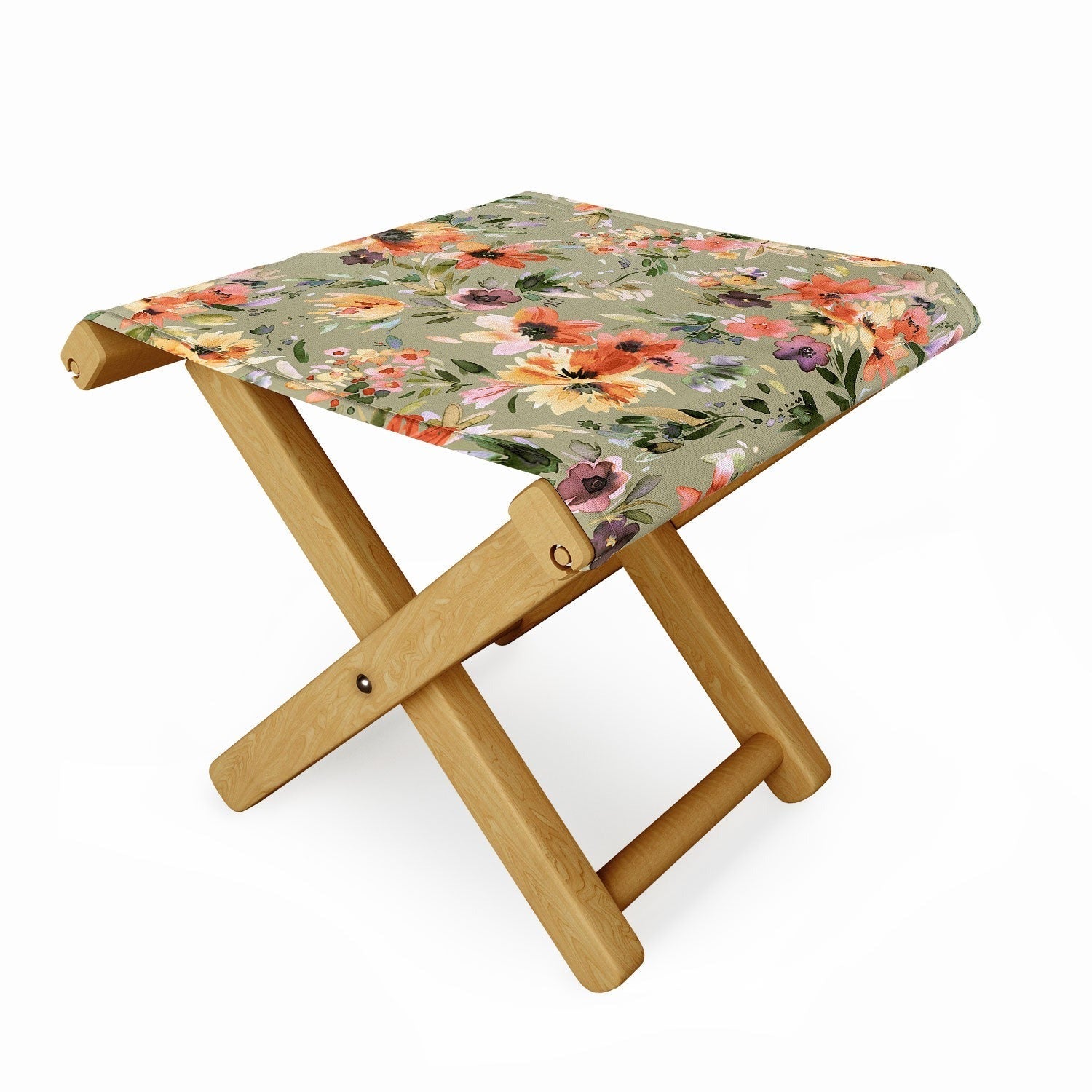 Ninola Design Botanic Retreat Painterly Tropical Flowers Sage Green Folding Stool