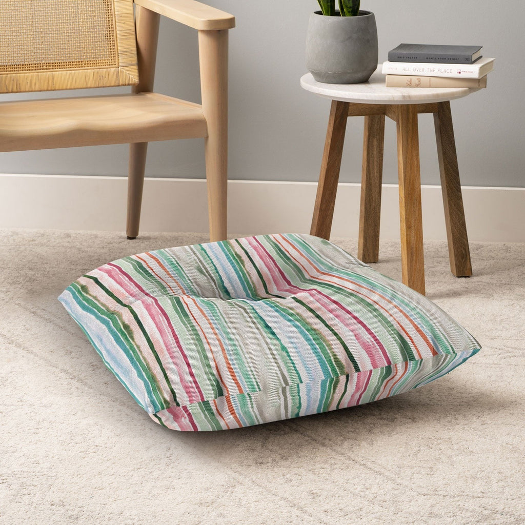 Ninola Design Botanic Retreat Watercolor Stripes Green Orange Red Floor Pillow Square