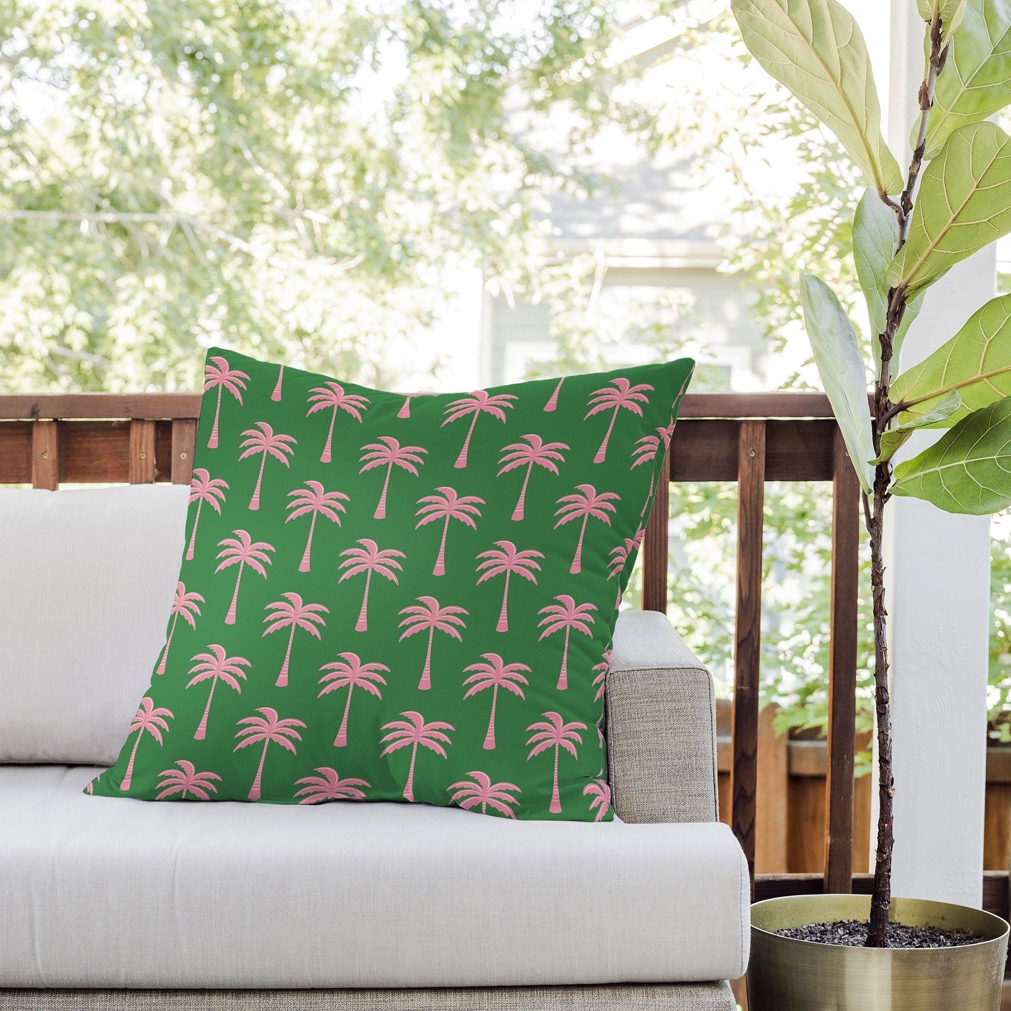Design by Spark Pink Palm Tree Oasis Outdoor Throw Pillow
