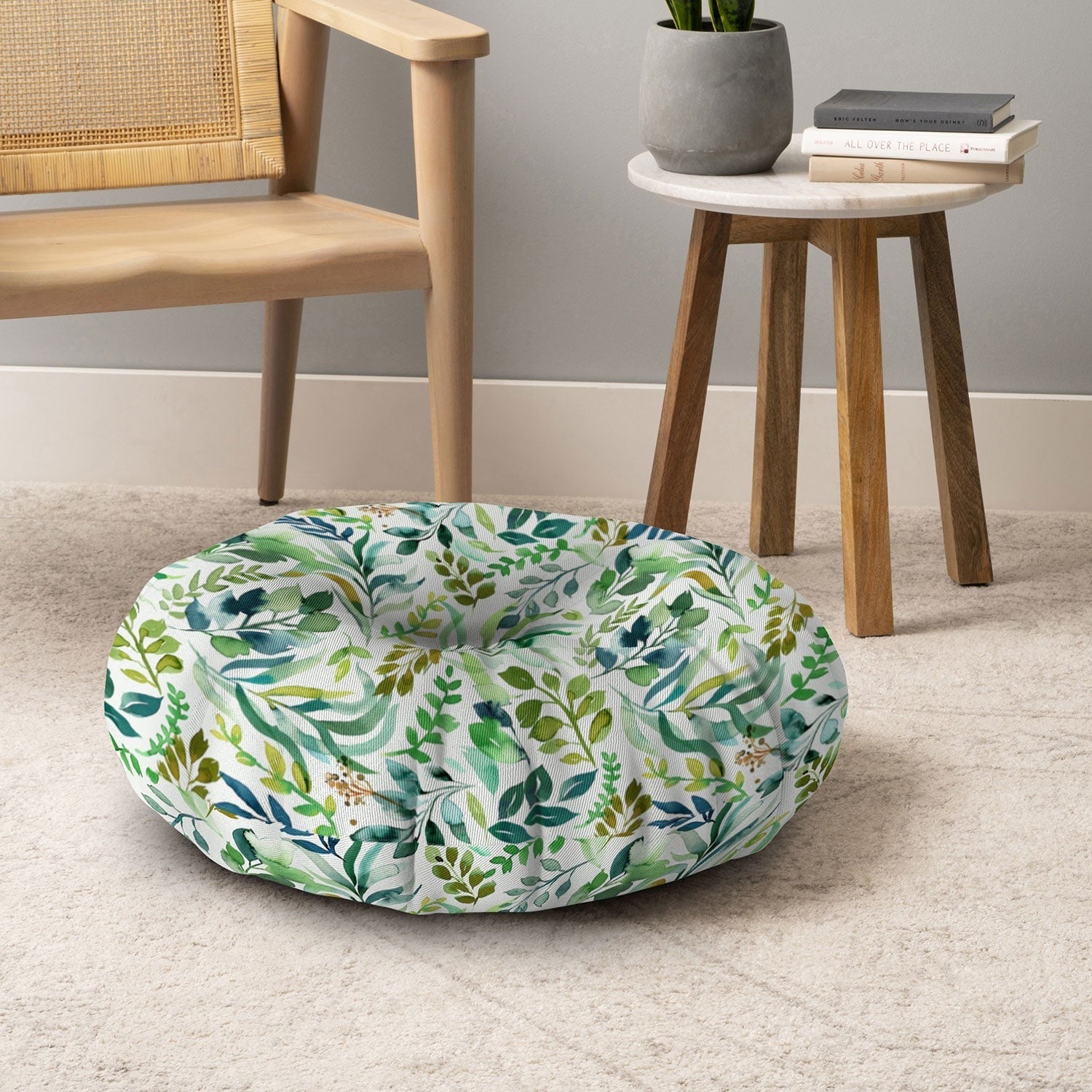 Ninola Design Botanic Retreat Loose Botanical Leaves Watercolor Green Floor Pillow Round