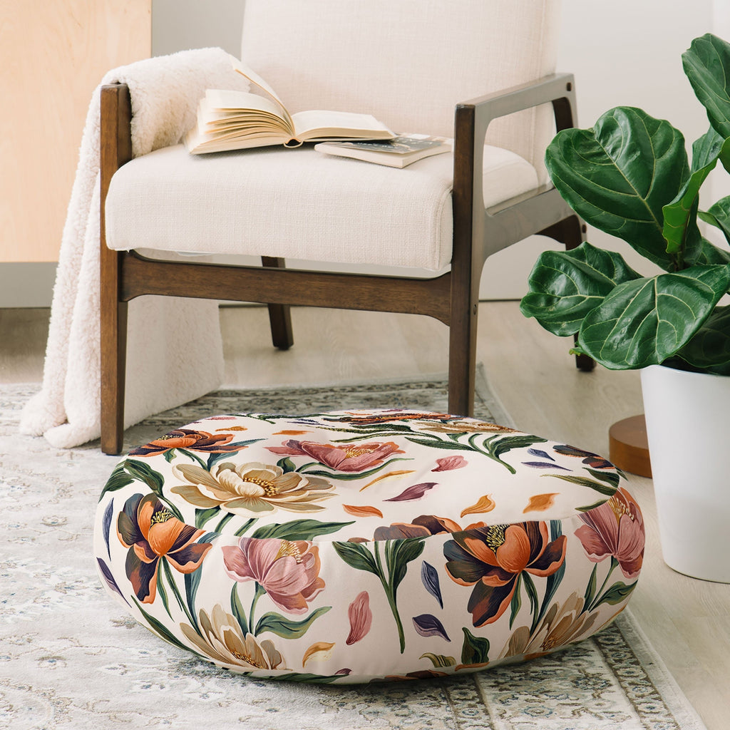 Marta Barragan Camarasa Hand Painted Peony Florals Floor Pillow Round